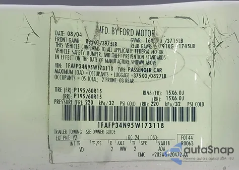 2005 Ford Focus Zx4 z USA, uszkodzony, nr VIN 1FAFP34N95W173118